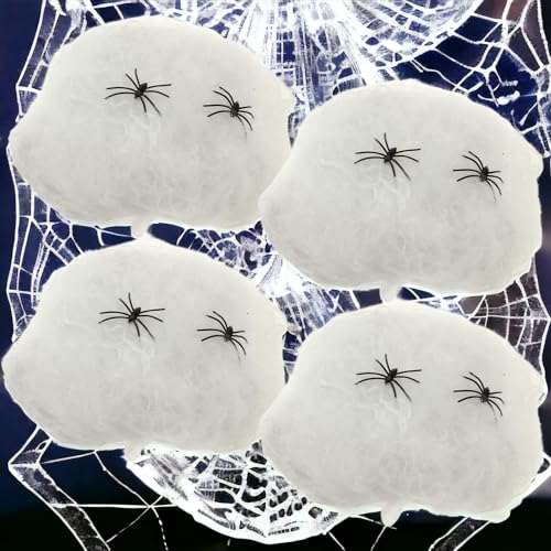MIJOMA 4 Stück Halloween Dekoration Spinnennetz mit schwarzen Horrorspinnen, 4 Netze a 20g mit je Zwei Spinnen, für Halloween Party Props von MIJOMA