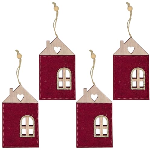 MIJOMA 4 Stück Set Weihnachtliche Filzanhänger, Wunderschön als Christbaumschmuck, für Adventsgesteck, Filz mit Holzelementen & Glitzer verziert, Schlaufe zum Anhängen (Haus 1 Fenster - rot) von MIJOMA