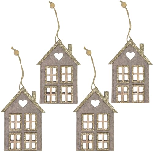 MIJOMA 4 Stück Set Weihnachtliche Filzanhänger, Wunderschön als Christbaumschmuck, für Adventsgesteck, Filz mit Holzelementen & Glitzer verziert, Schlaufe zum Anhängen (Haus 4 Fenster - beige) von MIJOMA