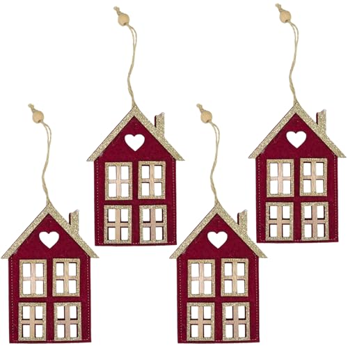 MIJOMA 4 Stück Set Weihnachtliche Filzanhänger, Wunderschön als Christbaumschmuck, für Adventsgesteck, Filz mit Holzelementen & Glitzer verziert, Schlaufe zum Anhängen (Haus 4 Fenster - rot) von MIJOMA