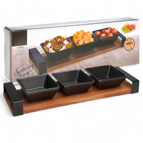 MIJOMA 4-teiliges Servierset – Edles Akazienholzbrett mit 3 Keramikschalen – Perfekt für Tapas, Dips, Käse & Snacks – Stilvolle Tischdekoration von MIJOMA
