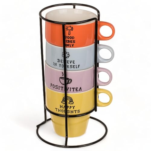 MIJOMA 4er Set farbenfrohe Porzellan-Kaffeetassen mit Chromständer | Platzsparend stapelbar und spülmaschinenfest | Fassungsvermögen 200ml (Good Vibes Design) von MIJOMA