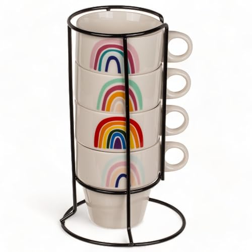 MIJOMA 4er Set farbenfrohe Porzellan-Kaffeetassen mit Chromständer | Platzsparend stapelbar und spülmaschinenfest | Fassungsvermögen 200ml (Rainbow Design) von MIJOMA