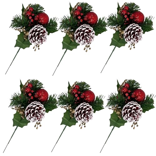 MIJOMA 6 Stück Set künstliche Tannenpicks mit Beeren, Kugeln & echten Tannenzapfen, Weihnachtsdeko - Tannenzweige perfekt für Festliche Stimmung & DIY Bastelspaß in der Weihnachtszeit (Rot) von MIJOMA