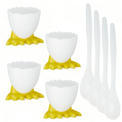 MIJOMA 8-Teiliges Eierbecher-Set, Charmantes Küken-Design, Lebensmittelechter Kunststoff, Weiß mit Gelben Füßen, Inklusive Löffel. Perfekter Zusatz für stilvolles Frühstück und Brunch. von MIJOMA