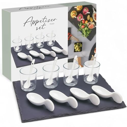MIJOMA Amuse-Gueule Set 13-teilig – Servierplatte aus Schiefer mit Porzellanschalen, Gläsern & Löffeln – stilvolles Tapas- und Vorspeisen-Set (Design A – Löffelform) von MIJOMA