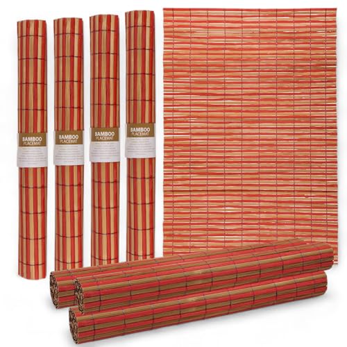 MIJOMA Bambus Platzmatten Set | 4 Stück 30x45cm | Platzdeckchen Tischsets | Robust, Pflegeleicht & Aufrollbar (Rot-Braun) von MIJOMA