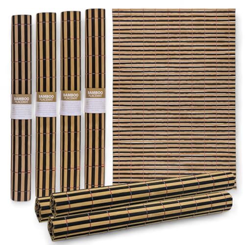 MIJOMA Bambus Platzmatten Set | 4 Stück 30x45cm | Platzdeckchen Tischsets | Robust, Pflegeleicht & Aufrollbar (Schwarz-Braun) von MIJOMA