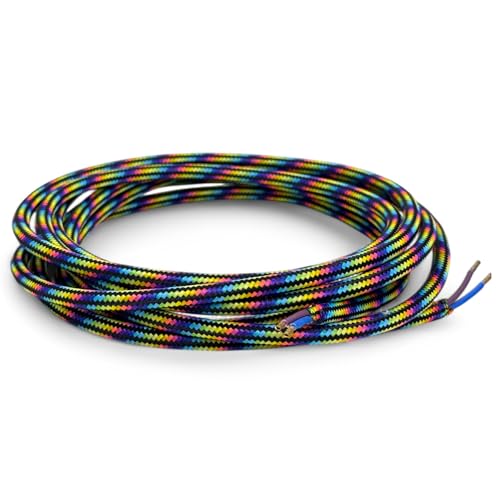 MIJOMA Buntes Textilkabel 3 Meter – 2-adrig (2x0,75mm²) – Stoffkabel für DIY Projekte – Hochwertiges Stromkabel für Lampen, Kronleuchter & Pendelleuchten (Schwarz-Regenbogen, 3 Meter) von MIJOMA