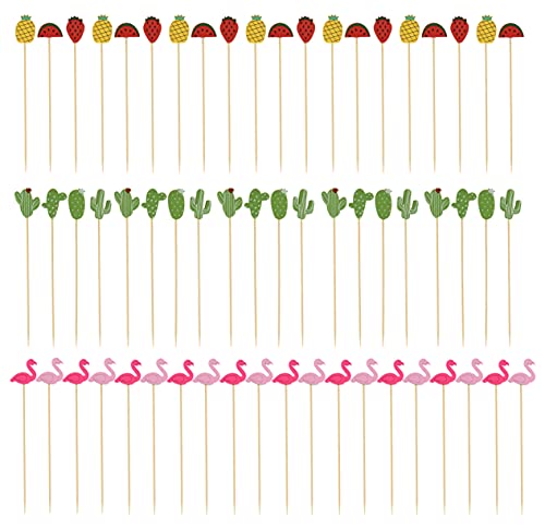 MIJOMA Cocktailstäbchen Cocktailsticks Cocktail-Deko Fingerfoodspieße aus Bambus-Holz für Cocktail-Partys, Zahnstocher für Obst, Käse, Früchte, 12 cm (Früchte, Flamingos Kakteen 60 Stück) von MIJOMA