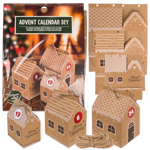 MIJOMA DIY Adventskalender zum Befüllen – 24 Weihnachts-Häuschen in 3 Größen, mit Zahlenstickern & Jute-Kordel, perfekte Weihnachtsdeko von MIJOMA