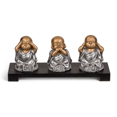 MIJOMA Dekorationsfigur 3 sitzende Buddha auf Holzbank | Motiv: Nichts Böses sehen, Sagen, hören | Maße: 20 x 9 cm | Material: Kombination aus Polyresin und Holz | Spirituelles Wohnaccessoire von MIJOMA