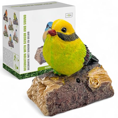 MIJOMA Dekovogel mit Vogelgezwitscher & Bewegungsmelder – Zwitschernder Vogel auf AST, Handbemalt, 13 cm – Batteriebetrieben – Naturgetreue Deko für Innenräume (Gelb-Grün) von MIJOMA
