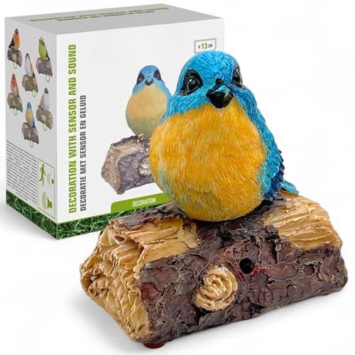 MIJOMA Dekovogel mit Vogelgezwitscher & Bewegungsmelder – Zwitschernder Vogel auf AST, Handbemalt, 13 cm – Batteriebetrieben – Naturgetreue Deko für Innenräume (Türkis-Blau) von MIJOMA