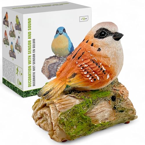 MIJOMA Dekovogel mit Vogelgezwitscher & Bewegungsmelder – Zwitschernder Vogel auf AST, Handbemalt, 13 cm – Batteriebetrieben – Naturgetreue Deko für Innenräume (Weiß-Braun) von MIJOMA