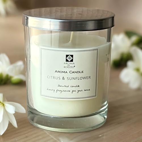 MIJOMA Elegante Duftkerze im Glas 200g, Aroma-Kerze, 50 Stunden Brenndauer - Gefühlvolle Wohnakzente, Raffiniert mit Edelstahldeckel - Perfekte Geschenkidee für Duftliebhaber (Citrus & Sunflower) von MIJOMA