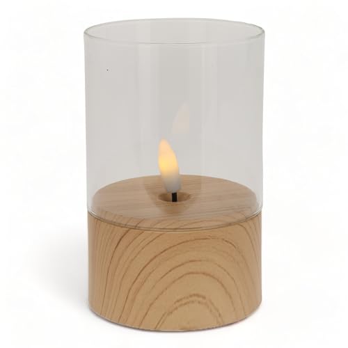MIJOMA - Elegante LED-Kerze im Glas, Warmweiß, Realistische Flamme, 6/18 Timer, Batteriebetrieben, Stilvoller Blickfang, Authentisches Look & Feel (Ø8 x H12.5 cm, Sockel Holzoptik) von MIJOMA