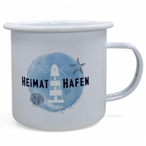 MIJOMA Emaillebecher mit Motivdruck - 450ml Camping Kaffeetasse, leicht, robust, Henkelbecher aus Emaille, ideal als Trinkbecher (Heimathafen) von MIJOMA