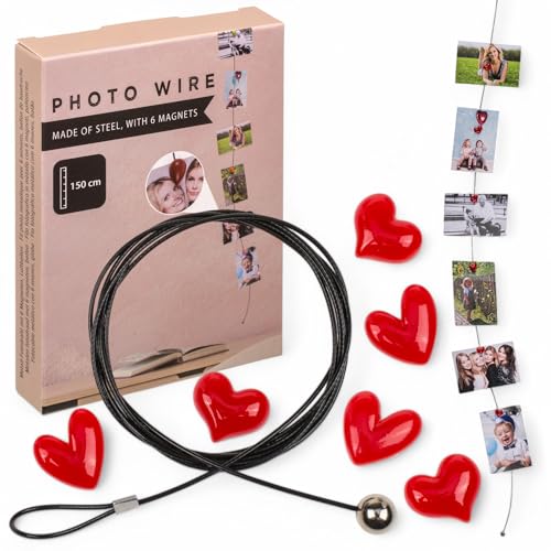 MIJOMA Fotodraht mit Magneten – Stilvolle Fotoaufhängung aus Stahl – Flexibles Fotoseil für Bilder, Postkarten & Notizen – Einfache Wandmontage ohne Bohren (150 cm mit 6 Herz-Magneten) von MIJOMA