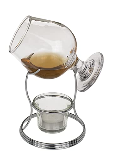 MIJOMA Geschenkset Brandy Warmer Cognac Wärmer mit 400ml Schwenker, Edelstahl-Ständer und Teelichthalter aus Glas, Silber von MIJOMA