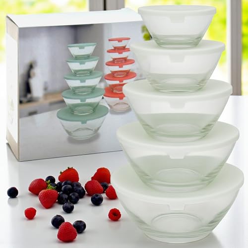 MIJOMA Glas Schüssel Set mit Deckel – 5-teiliges Vorratsdosen-Set stapelbar, BPA-frei, Aufbewahrungsboxen Küche, Mikrowellengeeignet, Frischhaltedosen Glas (Cremeweiß) von MIJOMA