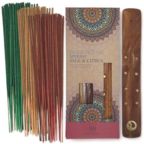 MIJOMA Indisches Räucherset, Räucherstäbchenhalter mit 90 Stück Räucherstäbchen 3 Sorten (3x30g) - Natürlich, Handgerollt - Meditation Aromatherapie Entspannung (Frankincense, Myrrh, Sage & Citrus) von MIJOMA