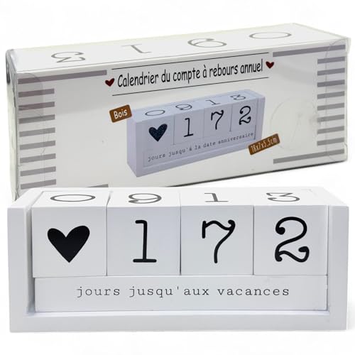 MIJOMA Jahres Countdown Kalender aus Holz – Dauer-Tischkalender mit Deko-Würfeln – bis 432 Tage für besondere Anlässe (Weiß - französische Edition, ca. 18 × 7 × 5,5 cm) von MIJOMA