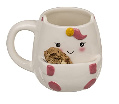 MIJOMA Kaffeetasse Kaffeebecher Teetasse mit Keksfach, Keksbecher Plätzchenbecher Cookie Cuddlers Henkelbecher mit Keks-Ablage 400ml aus Keramik (Einhorn) von MIJOMA