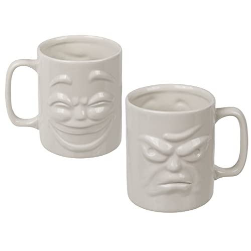 MIJOMA Kaffeetasse Teetasse Henkelbecher mit zweiseitigen 3D-Gesichtern Happy und Grumpy, Fassungsvermögen 280ml, Keramik weiß lasiert von MIJOMA