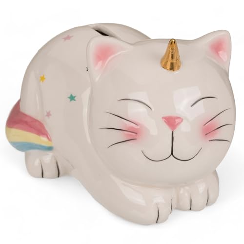 MIJOMA Keramik Spardose mit Schloss und Schlüssel, Niedliches Design für Kinder & Erwachsene, Ideal als Geldgeschenkverpackung und zur Geldsicherung (Einhorn-Katze) von MIJOMA
