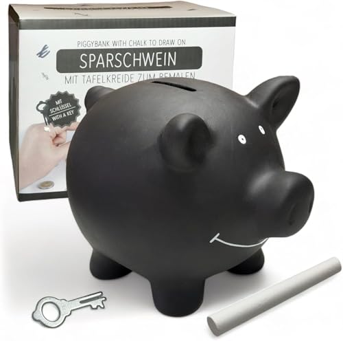 MIJOMA Keramik Sparschwein mit Tafel-Oberfläche – Inklusive Kreide, Schloss mit Schlüssel, 17.5x13.5x14.4 cm, Farbe Schwarz von MIJOMA