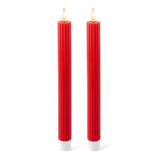 MIJOMA LED-Echtwachskerze mit realistischer Flamme, Timer und batteriebetrieb | Indoor LED-Kerze mit warmweißem Licht | Natürliche Optik (Rot - vertikales Rillenmuster, Ø2cm x 24cm) von MIJOMA
