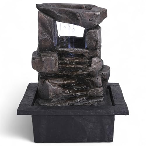 MIJOMA LED Zimmerbrunnen, Polyresin/Kunststoff, Warmweiße Beleuchtung, Beruhigendes Wassergeräusch, 12V Transformator, Perfekt für Ihre stilvolle Wohlfühloase (Felsentor) von MIJOMA