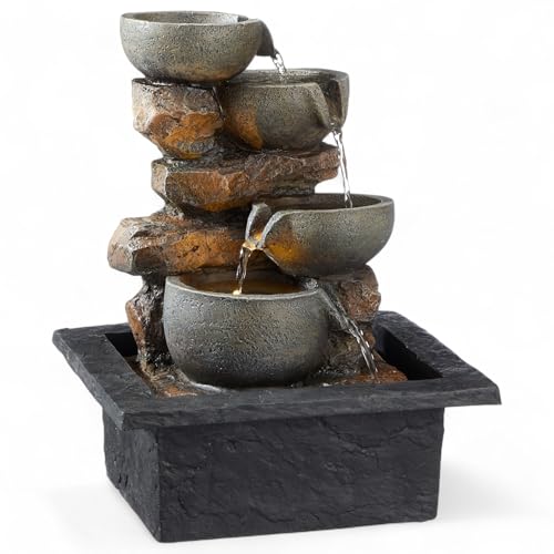 MIJOMA LED Zimmerbrunnen, Polyresin/Kunststoff, Warmweiße Beleuchtung, Beruhigendes Wassergeräusch, 12V Transformator, Perfekt für Ihre stilvolle Wohlfühloase (Zen Kaskade) von MIJOMA
