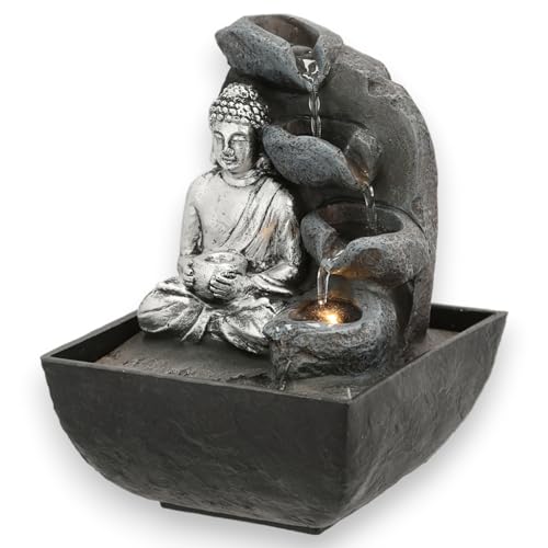 MIJOMA LED Zimmerbrunnen, Polyresin/Kunststoff, Warmweiße Beleuchtung, Beruhigendes Wassergeräusch, GS/CE Zertifizierter 12V Transformator, Perfekt für Ihre stilvolle Wohlfühloase (Buddha) von MIJOMA