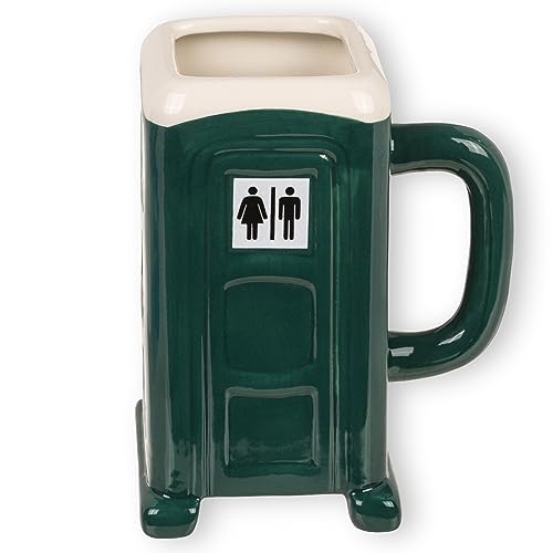 MIJOMA Lustiger Kaffeebecher Porta Potty im humorvollen Design einer Baustellentoilette, praktischer Henkelbecher aus Keramik Dolomit, 330 ml Kaffee erleben, in 2 Farben - 13 x 10 cm (Grün) von MIJOMA