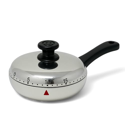 MIJOMA Mechanischer Küchentimer im nostalgischen Bratpfannendesign, 12 cm, ohne Batterien, Minutentimer für Backen, Kochen, Lernen, Küchenuhr aus Kunststoff von MIJOMA