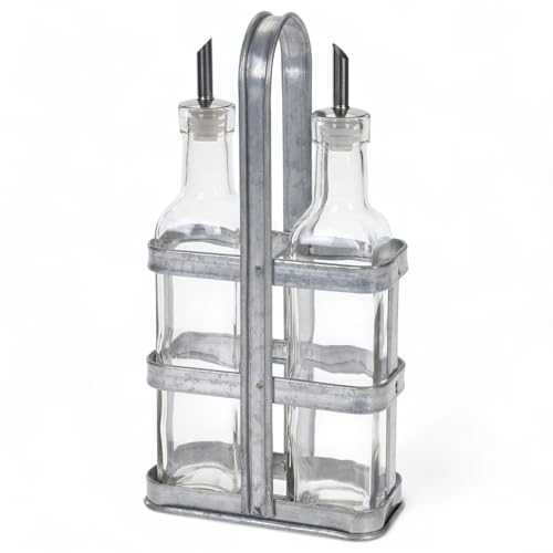 MIJOMA Menage-Set 3-tlg. – Essig & Öl Spender aus Glas im Metallständer, 2x 250 ml, mit Ausgießer, spülmaschinenfest, Industrial Style, robust, Gastroqualität von MIJOMA