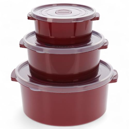 MIJOMA Mikrowellenschüsseln mit Deckel 3-teilig 0,5L 1L 2L stapelbar luftdicht Gefrierfach- & Spülmaschinengeeignet (Dunkelrot) von MIJOMA