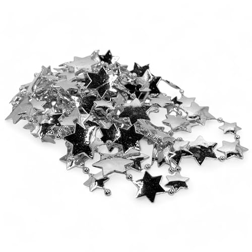 MIJOMA Perlengirlande – Elegante Perlenband, Perlenkette & Dekorative Perlenschnur | Stilvolle Tischdekoration, Weihnachten, Advent, Hochzeit | 8mm Deko-Perlen, 2,7 Meter (Silber Sterne) von MIJOMA