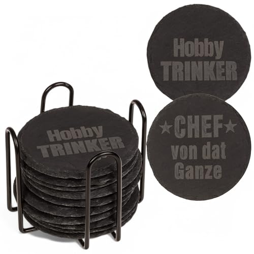 MIJOMA Schiefer-Untersetzer Set – 12 runde Glasuntersetzer mit Laserdruck & Metallhalter – rutschfest mit Eva-Stopper – Ø 10 cm (Chef von dat Ganze & Hobbytrinker) von MIJOMA