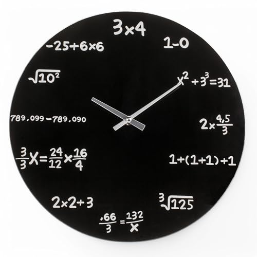MIJOMA Schwarze Glas-Wanduhr Mathematic – Ø 35 cm – Moderne Science Clock mit Mathe-Formeln – Stilvolle Dekouhr für Mathematiker & Wissenschafts-Fans – Lautloses Quarz-Uhrwerk von MIJOMA