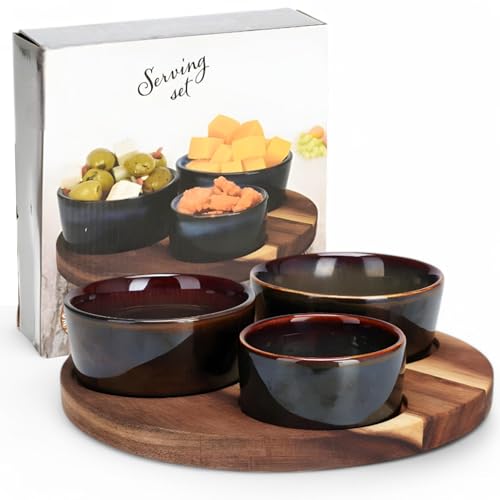 MIJOMA Servierset – 4-teiliges Schalen-Set mit Holzbrett – Keramik-Dip-Schalen auf Akazienholz-Tablett – für Snacks, Dips & Tapas (blau-grün, rund (Ø 20 cm)) von MIJOMA