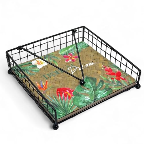 MIJOMA Serviettenhalter mit Beschwerer im Tropical Dream Design - Premium Holz und Metall Serviettenhalter für 33x33 cm Servietten, Perfekt für Garten und Outdoor-Events von MIJOMA