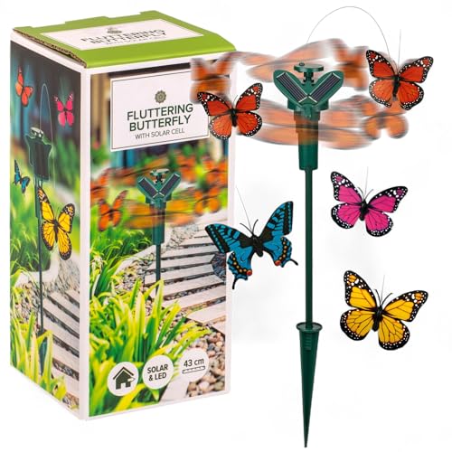 MIJOMA Solar Schmetterling Garten-Deko – Rotierender Deko-Schmetterling mit Solarbetrieb & Batteriefach – Höhe ca. 43 cm, Ø Schmetterling ca. 7,5 cm, Outdoor Deko, Bunte Farben (zufällige Auswahl) von MIJOMA