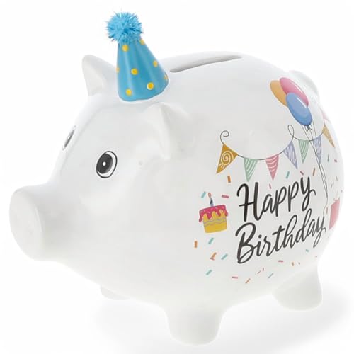 MIJOMA Spardose Happy Birthday – Sparschwein aus Dolomit mit Partyhut – Geburtstagsgeschenk für Kinder & Erwachsene – Deko-Geldgeschenk zur Geburtstagsfeier (L: 17 x 16 x 12,5 cm) von MIJOMA
