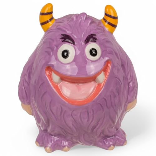 MIJOMA Spardose Monster aus Keramik – lustige Sparbüchse für Kinder & Erwachsene, 12 x 13.5 cm – kreative Geldgeschenk-Idee (Zottelviolett) von MIJOMA