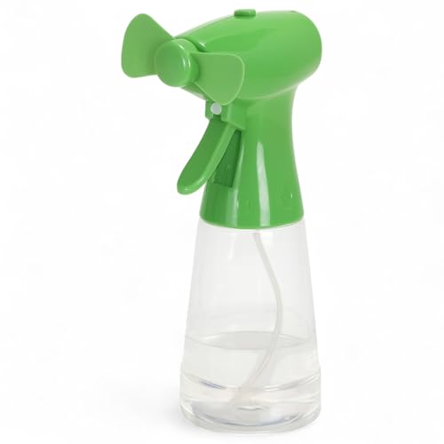 MIJOMA Sprühflasche mit Ventilator, ca. 22 cm, in Hellgrau und Dunkelgrau erhältlich, batteriebetrieben, ideal für heiße Sommertage, tragbare Abkühlung, Sprühventilator für unterwegs (Grün) von MIJOMA