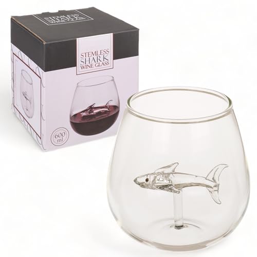 MIJOMA Stielloses Weinglas mit Haifisch im Inneren, eleganter Design-Hingucker, hochwertiges Cocktailglas, Genuss in stilvollem Ambiente, für außergewöhnliche Weinliebhaber, 600 ml, 7,5 x 10,5 cm von MIJOMA