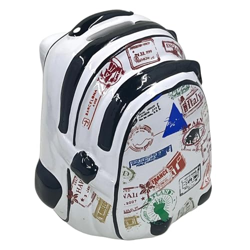 MIJOMA Stilvolle Keramik Spardose Rucksack - Vielseitige und praktische Urlaubskasse mit coolem Print Design - Ideales Geldgeschenk für die nächste große Reise - 13 x 12 x 10 cm von MIJOMA